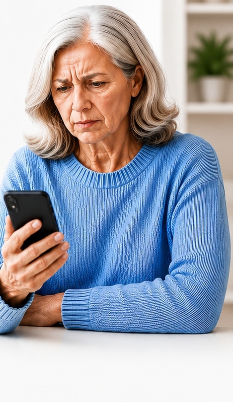 Senior woman looking concerned at her smartphone